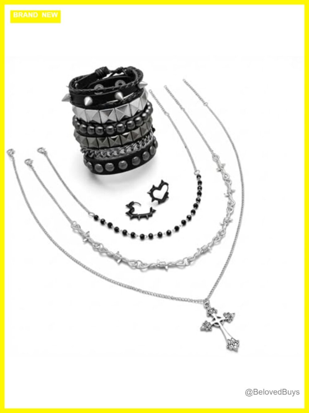 Gothic Jewelry Set Studded Bracelets Necklace Heart Earrings Punk Emo Grunge